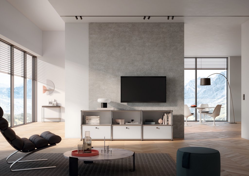 Raumbeispiel moderne Wandgestaltung EGGER DecoWall Concrete